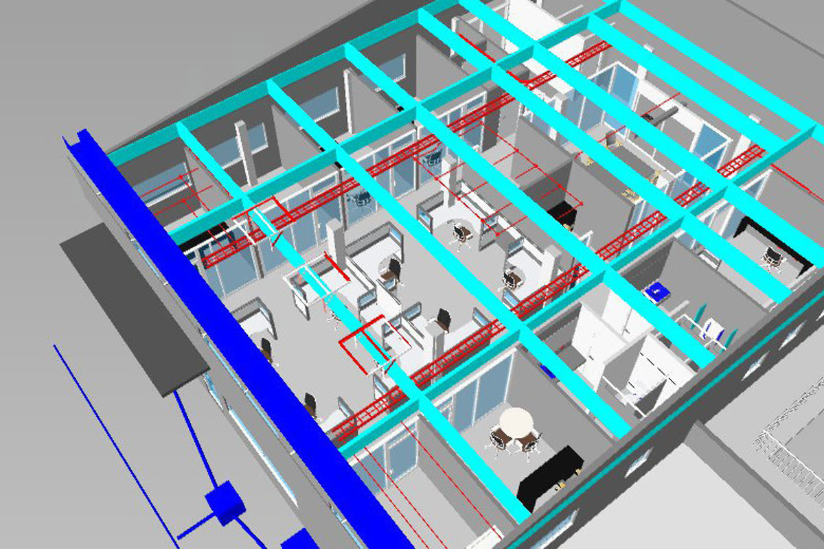 Modelo BIM federado de DCA con ductos y redes MEP coordinados dentro de la estructura